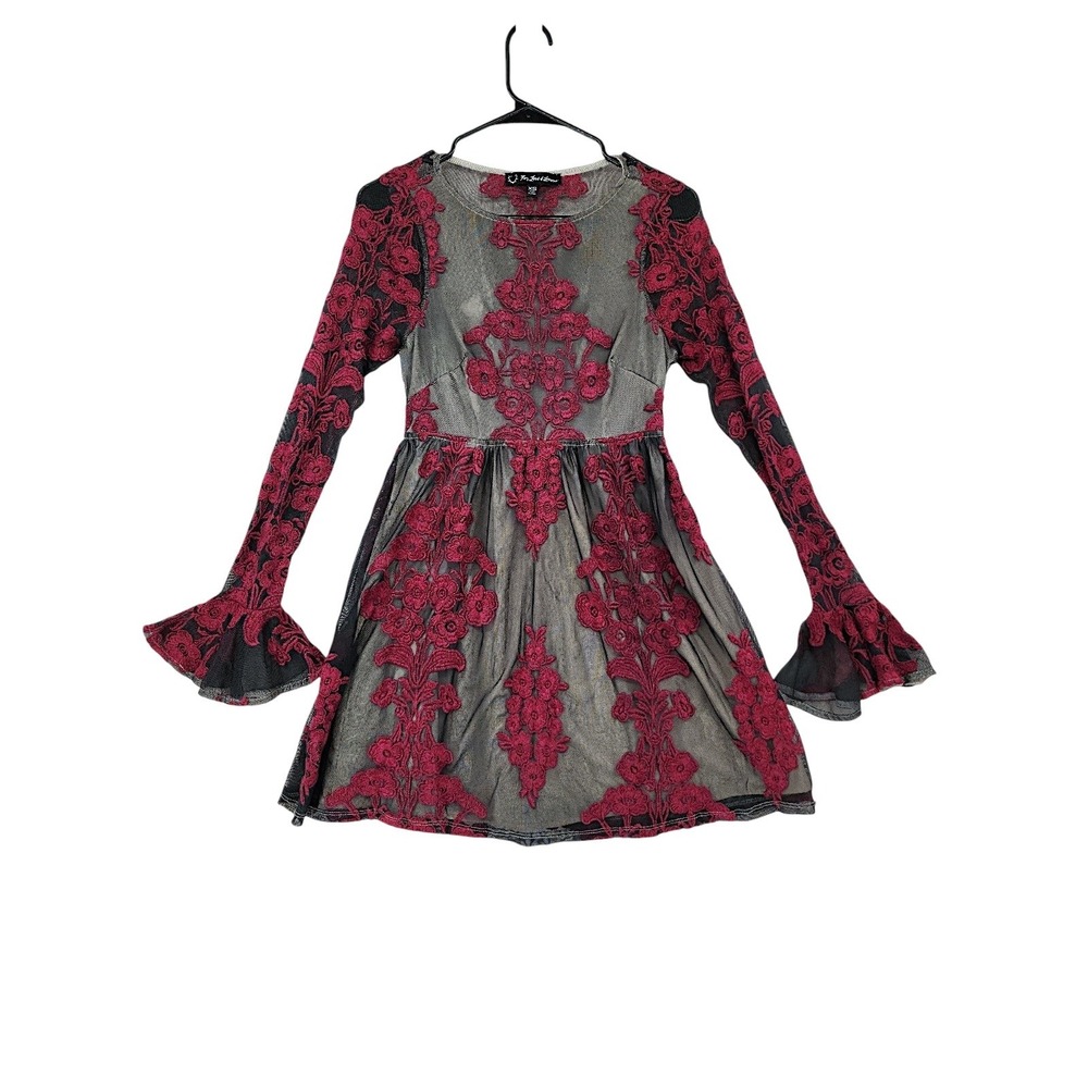 For Love & Lemons Mini Dress XS‎ Temecula Black Red Mesh Floral Bell Sleeve READ